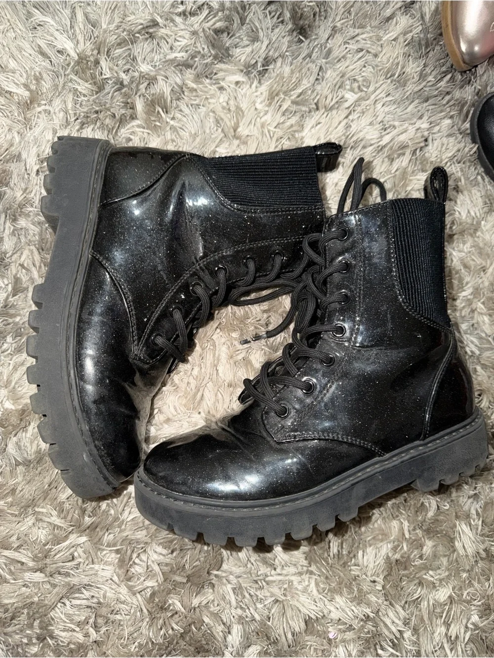 Cat & Jack Black Glitter Lace-Up Combat Boots for Kids